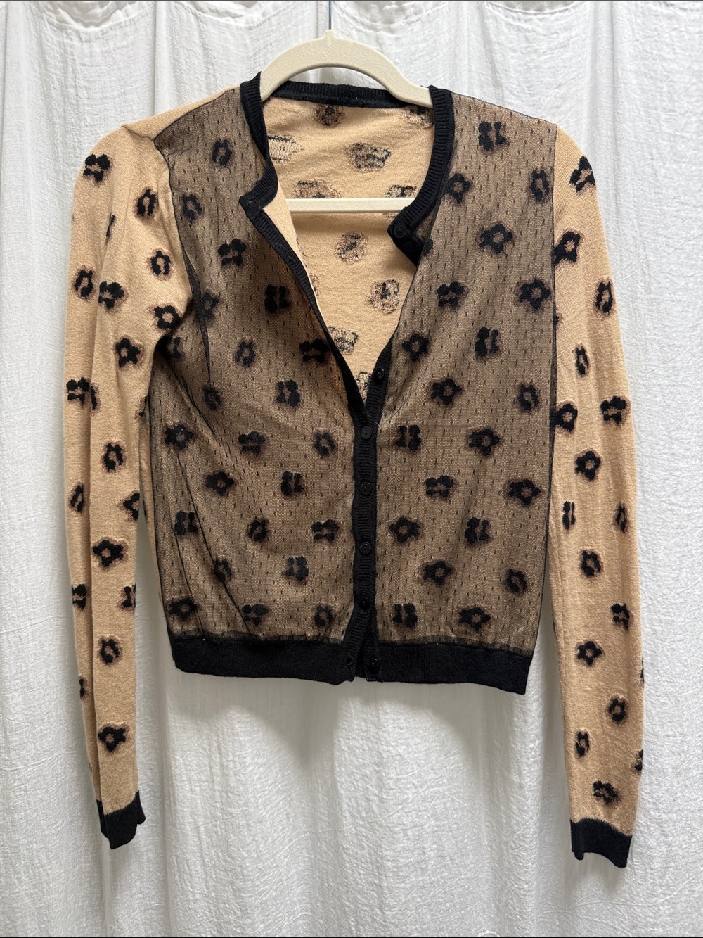 Leopard floral vintage Print Button Cardigan in Beige and Black